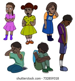 Sad dark skinned children, kids. Boys and girls. Vector outlined illustration. Colored image, white background.