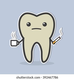 Sad dark tooth with coffee and cigarette. Good for teeth whitening and bleaching concept. Vector illustration