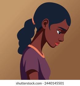 A sad dark-skinned woman, with a bowed head, pictured from the side.