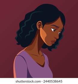 A sad dark-skinned woman, with a bowed head, pictured from the side.