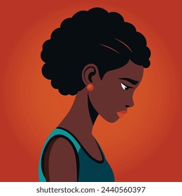  A sad dark-skinned woman, with a bowed head, pictured from the side.