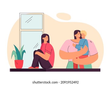 Triste hija mirando a su madre sosteniendo a su hijo. Niña celosa de su madre ilustración vectorial plana. Relación familiar, concepto de rivalidad entre hermanos para banner, diseño de sitio web o página web de inicio