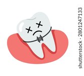 Sad Dead Tooth Cartoon Character with Braces on Gum Vector Illustration