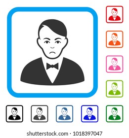 Sad Dealer vector icon. Person face has desperate feeling. Black, gray, green, blue, red, orange color versions of dealer symbol in a rounded squared frame.