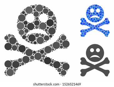Sad death mosaic for sad death icon of round dots in different sizes and color hues. Vector dots are combined into blue illustration. Dotted sad death icon in usual and blue versions.