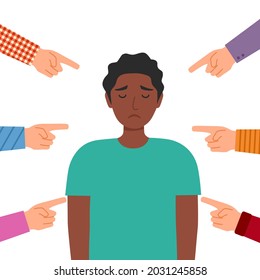 Sad or depressed African man surrounded by hands with index fingers. Accusation guilty concept vector in flat design. Public blame.