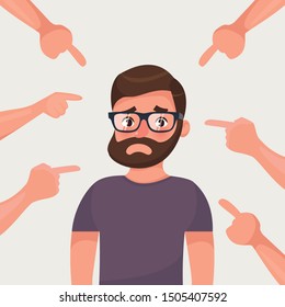 Sad, depressed, ashamed man surrounded by hands pointing him out with fingers. Social disapproval blame and accusation concept. Flat style character vector illustration