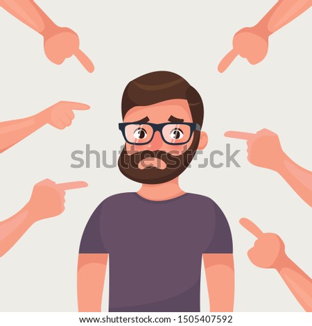 Sad, depressed, ashamed man surrounded by hands pointing him out with fingers. Social disapproval blame and accusation concept. Flat style character vector illustration