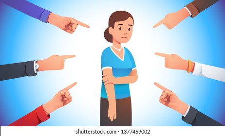 Sad, depressed, ashamed woman surrounded by hands pointing her out with fingers. Harassment shame victim. Social disapproval blame and accusation concept. Flat style vector character illustration
