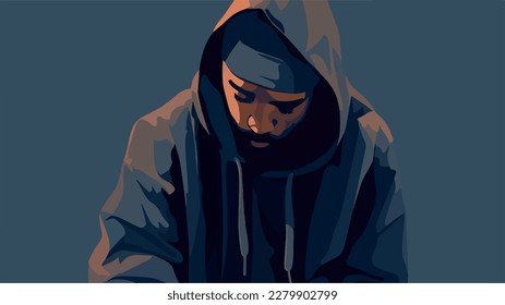 Sad depressed black man. Vector illustration of cartoon character grieving. Guy having a rough time. Negative emotions. Unhappy figure, sorrow. Man heartbroken by a breakup. Lonely solitude. Hoodie