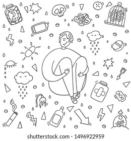 Sad and depressed boy sitting. Heartbreak and sad doodle man. Depression signs and symptoms. Concept of stress, sadness, depression, pain isolated on white background. 
