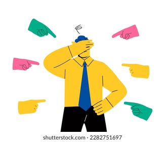 Sad or depressed business man surrounded by hands with index fingers pointing at him. Public censure and victim blaming. Flat vector illustration isolated on white background
