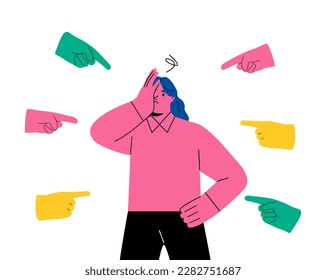 Sad or depressed business woman surrounded by hands with index fingers pointing at him. Public censure and victim blaming. Flat vector illustration isolated on white background
