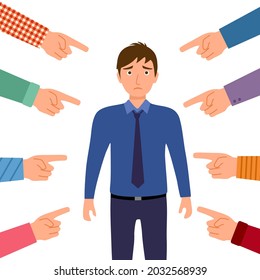 Sad or depressed businessman surrounded by hands with index fingers. Accusation guilty concept vector in flat design. Public or colleague blame.	