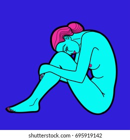 Sad depressed character. Nude sitting woman. Full length figure. Side view. Vector illustration