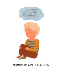 Sad, depressed child, kid sitting alone. Emotional pose, face. Psychology problem, stress concept isolated on white background.
