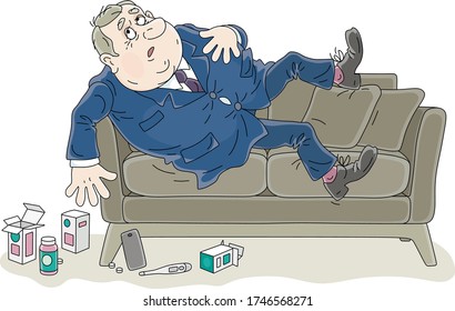 Sad and depressed clerk lying on his sofa and taking different pills after a hard work day in an office, vector cartoon illustration on a white background