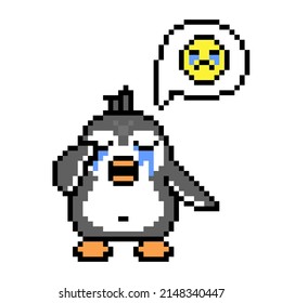 Sad depressed crying penguin, cute pixel art animal character isolated on white background. Old school retro 80s, 90s 8 bit slot machine, computer, video game graphics. Cartoon antarctica bird mascot.