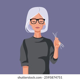 
Sad Depressed Elderly Woman Losing Her Hair Vector Illustration. Elderly lady suffering to alopecia due to aging and other diseases 
