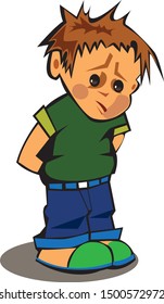 Sad, depressed, frustrated boy, looking lonely. Illustration of a helpless and frightened child. Fictional story and character