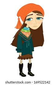 Sad depressed frustrated girl standing alone and not smiling template isolated on white background vector illustration