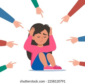 Sad or depressed girl kid surrounded by hands with index fingers pointing at her. Social bullying concept. Public trolling, shaming. Vector illustration