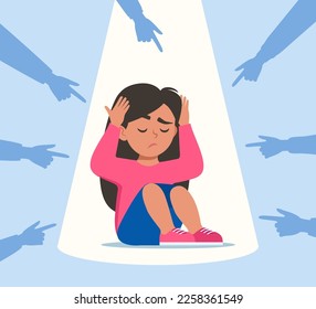 Sad or depressed girl kid surrounded by hands with index fingers pointing at her. Social bullying concept. Public trolling, shaming. Vector illustration