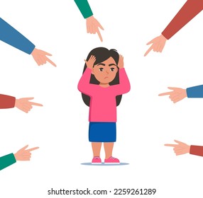 Sad or depressed girl kid surrounded by hands with index fingers pointing at her. Social bullying concept. Public trolling, shaming. Vector illustration