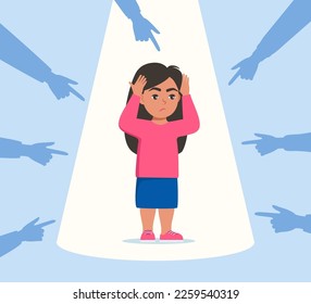 Sad or depressed girl kid surrounded by hands with index fingers pointing at her. Social bullying concept. Public trolling, shaming. Vector illustration