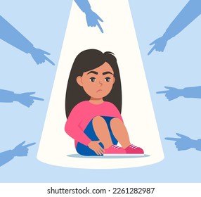 Sad or depressed girl kid surrounded by hands with index fingers pointing at her. Social bullying concept. Public trolling, shaming. Vector illustration