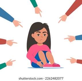 Sad or depressed girl kid surrounded by hands with index fingers pointing at her. Social bullying concept. Public trolling, shaming. Vector illustration