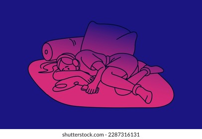 Sad depressed girl, lying in bed alone and listening to sad music. Despair, apathy, loneliness, depression concept. Lonely unhappy person suffering from sadness, problems. Flat vector illustration