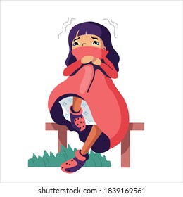 Sad and depressed girl sitting. Disappointed teenager. Fearful, Unhappy and stressed student. 
Creative flat vector illustration.