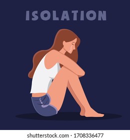 Sad and depressed girl sitting on the floor, home isolation, Creative vector illustration, Stay at home