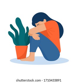 Sad and depressed girl sitting on the floor. Depressed teenager. Sad woman Unhappy and stressed student. Creative vector illustration