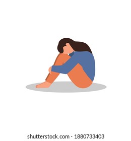 Sad and depressed girl sitting on the floor and hugging her knees. Depressed teenager. Sad woman unhappy and stressed student concept. Vector illustration in flat cartoon style