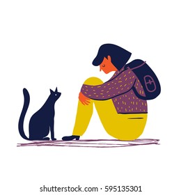 Sad And Depressed Girl Sitting On The Floor With Her Cat. Creative Vector Illustration. Sad Teenager.