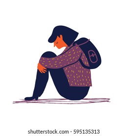 Sad And Depressed Girl Sitting On The Floor. Depressed Teenager. Sad Woman Unhappy And Stressed Student. Creative Vector Illustration.