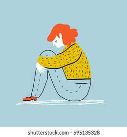 Sad And Depressed Girl  Sitting On The Floor. Creative Vector Illustration.