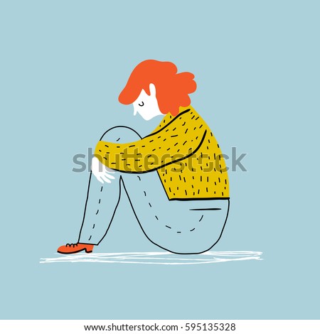 Sad and depressed girl  sitting on the floor. Creative vector illustration.