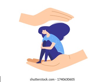 Sad depressed girl suffering from emotional problems protected and comforted by hands of help from negative thoughts.