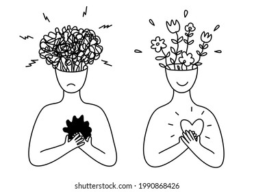 Sad  depressed   happy people  The concept choosing positive negative thinking  Love emptiness in the heart  Vector illustration  Doodle style  Black outlines isolated white background