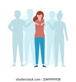 Sad depressed lonely girl stands among people. Psychological issues. Mental illness and problem. Anxiety, depression, mood disorder, social anxiety, loneliness. Vector isolated flat illustration