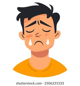 Triste hombre deprimido llorando. Depresión y trastorno mental, concepto de psicología. Joven infeliz. Sentimiento sombrío y desesperación. Ilustración vectorial plana aislada sobre fondo blanco.