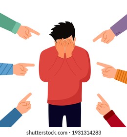 Sad or depressed man crying and surrounded by hands with index fingers. Accusation guilty concept vector in flat design. Public blame.
