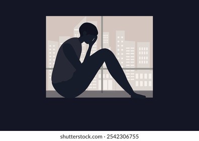 Sad and depressed man hug her knee sitting on window.Unhappy and stressed, psychology, depression, stress, mental healtlh.and loneliness vector illustration.