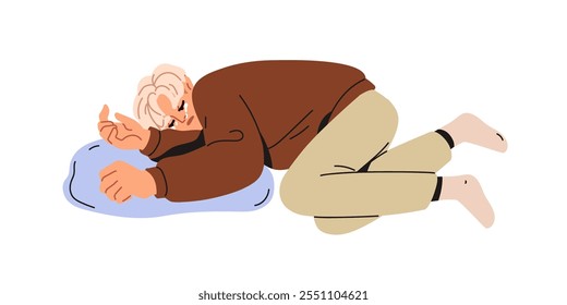 Sad depressed man lying curled up, crying, weeping in despair, grief. Frustrated sorrowful person sobbing in sorrow, depression, melancholy mood. Flat vector illustration isolated on white background