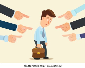 Sad, depressed man, many hands pointing a finger at it. Social harassment and blaming concept. Accusation and boycott, make fun of man. Vector illustration, flat design, cartoon style, isolated.