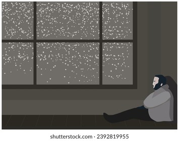  a sad depressed man, sitting on floor by the window, snow fall, dark grey gloomy, depression, mental illness concept art