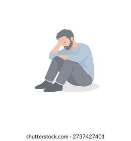 Sad Depressed Man Sitting on Floor, Mental Health and Emotional Stress Flat Illustration